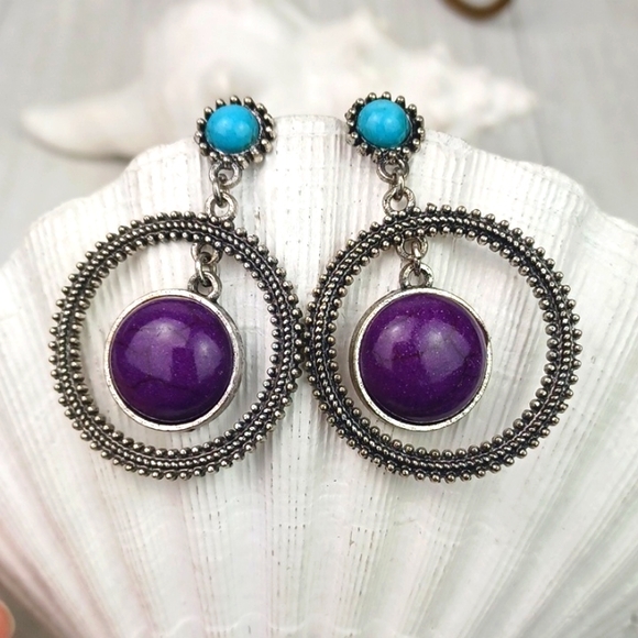 ♥️BUNDLE ONLY♥️ Purple & Turquoise Faux Stone Silver Tone Boho Dangling Earrings - Picture 4 of 6